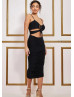 Black Jersey Cutout Midi Party Dress With Drawstring